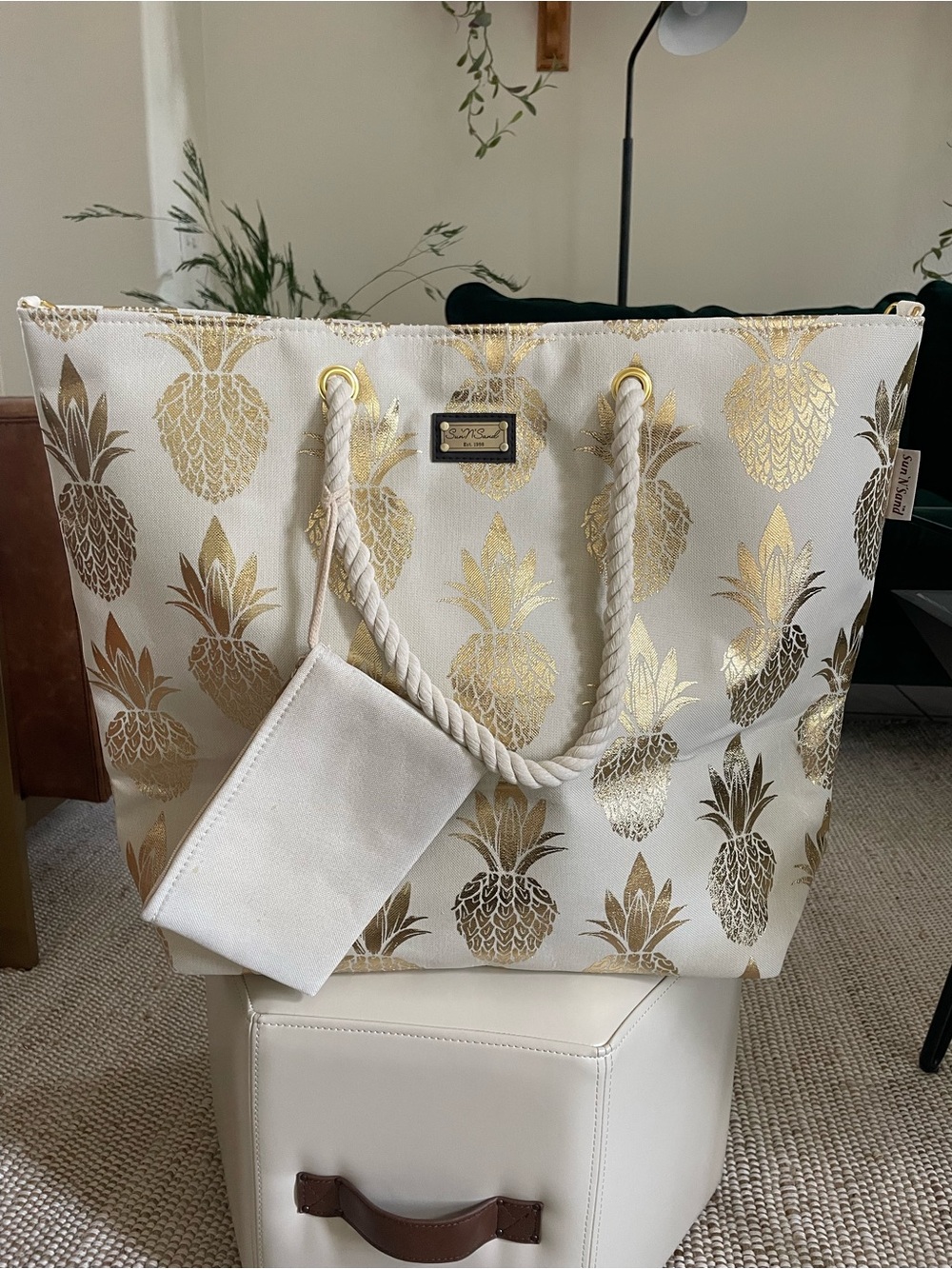 Sun n Sand Gold Pineapple Tote Bag on Ivory Canvas